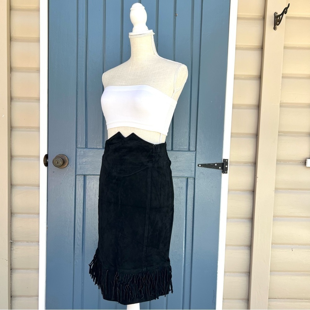 Vintage Chia Suede Leather Pencil Skirt Fringe Women Size 8